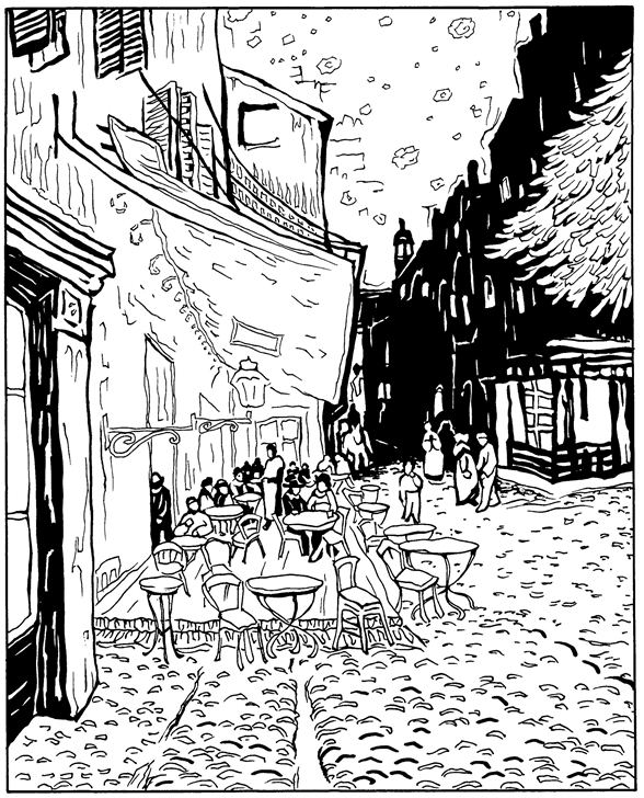 Kids n fun Kleurplaat Vincent van Gogh Caf terras bij nacht 1888